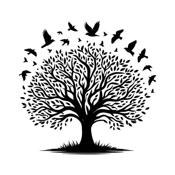 Kuşların uçtuğu ağaç silueti 
