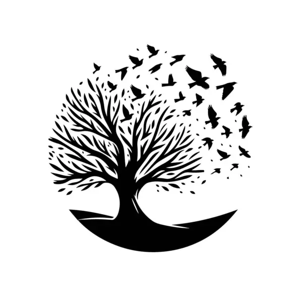 Kuşların uçtuğu ağaç silueti 