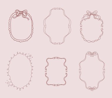 Şirin El Çizilmiş Tuhaf Oval Çerçeveler Bow Ribbons Özet Coquette Retro Vector Tasarımı