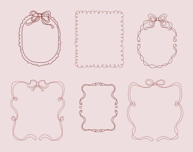 Şirin El Garip Dikdörtgen ve Oval Çizgi Sanat Çerçeveleri Yay Kurdeleleri Vektör Tasarımı