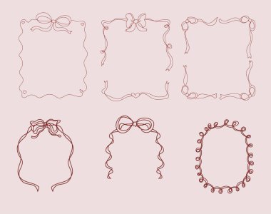 Sevimli El Çizimi Tuhaf Dikdörtgen ve Oval Çerçeveler Yay Kurdeleler Vektör Tasarımı