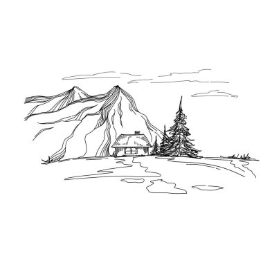 line art mountain vector illustration on white