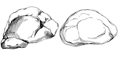 Stone Rock Monochrome Vector. Gravel And Pebble. Natural Rocky Slate Lump Engraving Template Hand Drawn In Retro Style Black And White Illustrations