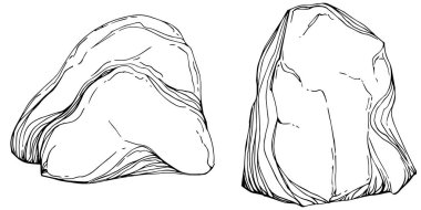 Stone Rock Monochrome Vector. Gravel And Pebble. Natural Rocky Slate Lump Engraving Template Hand Drawn In Retro Style Black And White Illustrations