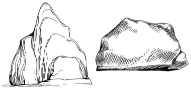 Stone Rock Monochrome Vector. Gravel And Pebble. Natural Rocky Slate Lump Engraving Template Hand Drawn In Retro Style Black And White Illustrations