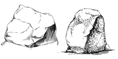 Stone Rock Monochrome Vector. Gravel And Pebble. Natural Rocky Slate Lump Engraving Template Hand Drawn In Retro Style Black And White Illustrations