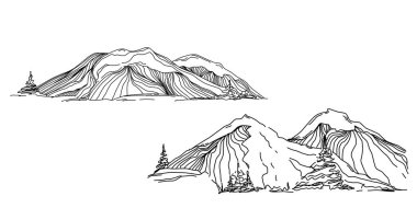 Hand sketch of winter mountains. Mountains sketch on a white background. Snowy mountain peaks and Shapes For Logos