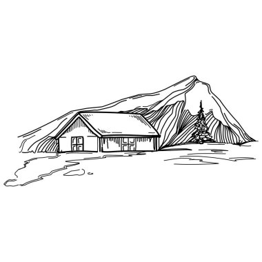Hand sketch of winter mountains. Mountains sketch on a white background. Snowy mountain peaks and Shapes For Logos