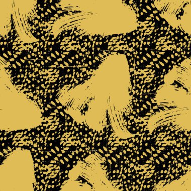 Vector seamless pattern with brush stripes and strokes. Gold color on black background. Grunge texture. Ink splash elements. Fashion abstract modern style. Endless fabric print. Retro