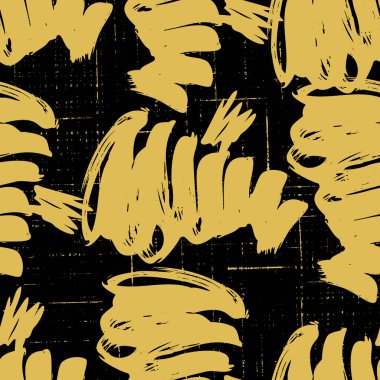 Vector seamless pattern with brush stripes and strokes. Gold color on black background. Grunge texture. Ink splash elements. Fashion abstract modern style. Endless fabric print. Retro