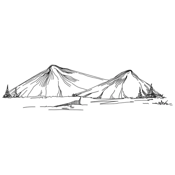 冬の山の手のスケッチ 山の白い背景にスケッチ ロゴのための雪の山の峰と形状 — ストックベクタ