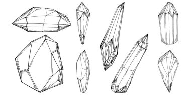 Cristal vector illustration. Abstract modern geometric objects with diamond shapes, crystals. Black and white hand draw.