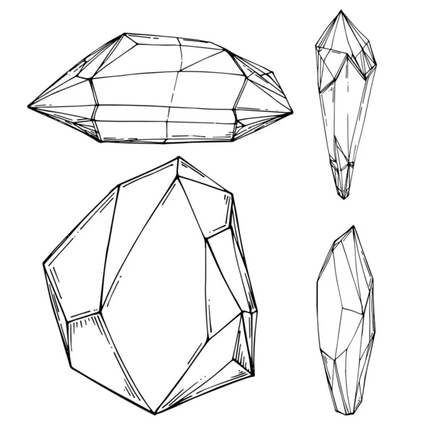 Cristal vector illustration. Abstract modern geometric objects with diamond shapes, crystals. Black and white hand draw.