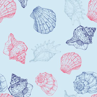 Seamless pattern background with abstract shell ornaments. Hand drawn nature illustration of ocean.