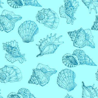 Seamless pattern background with abstract shell ornaments. Hand drawn nature illustration of ocean.