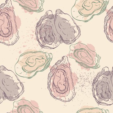 Oysters seamless pattern. Hand drawn sketch vector seafood illustration. Engraved retro style mollusks. Modern food background
