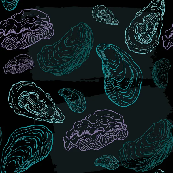 Oysters Seamless Pattern Hand Drawn Sketch Vector Seafood Illustration Engraved — Stock Vector