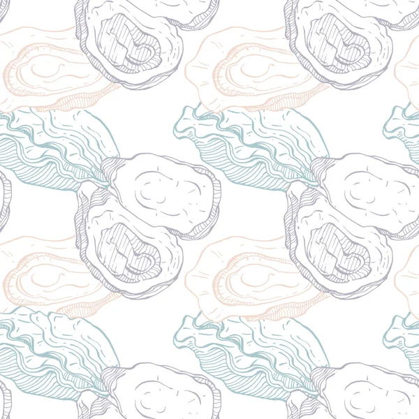 Oysters Seamless Pattern Hand Drawn Sketch Vector Seafood Illustration Engraved — Stock Vector