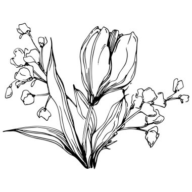 Siyah ve beyaz oymalı çiçeklerin vektör çizimi. Boyama kitabı için dekoratif öge, ambalaj çizimi.