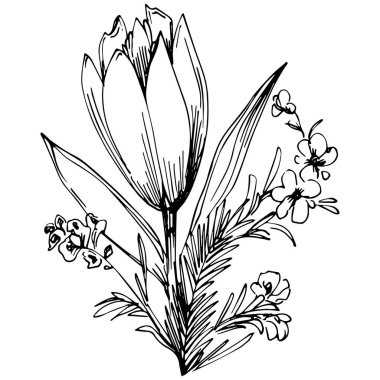 Siyah ve beyaz oymalı çiçeklerin vektör çizimi. Boyama kitabı için dekoratif öge, ambalaj çizimi.