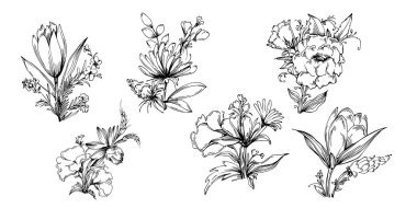 Siyah ve beyaz oymalı çiçeklerin vektör çizimi. Boyama kitabı için dekoratif öge, ambalaj çizimi.