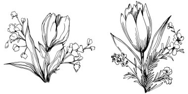 Siyah ve beyaz oymalı çiçeklerin vektör çizimi. Boyama kitabı için dekoratif öge, ambalaj çizimi.