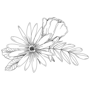 Siyah ve beyaz oymalı çiçeklerin vektör çizimi. Boyama kitabı için dekoratif öge, ambalaj çizimi.