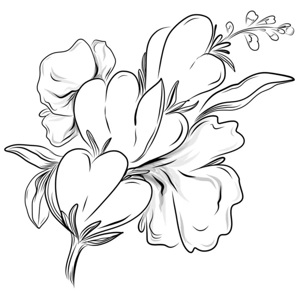 Ilustración Vectorial Flores Grabadas Blanco Negro Elemento Decorativo Para Colorear — Vector de stock