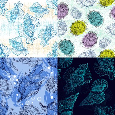 Set Seamless pattern background with abstract shell ornaments. Hand drawn nature illustration of ocean.