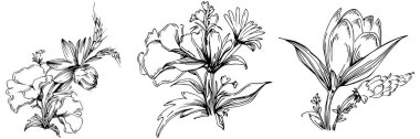 Siyah ve beyaz oymalı çiçeklerin vektör çizimi. Boyama kitabı için dekoratif öge, ambalaj çizimi.