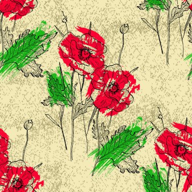 Haşhaş çiçeği deseni. Çiçeksel, soyut, pürüzsüz desenler. Farklı surfaslar için vektör tasarımı. Desenli Mürekkep Çizimi.