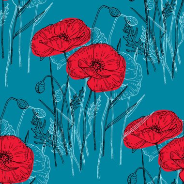 Haşhaş çiçeği deseni. Çiçeksel, soyut, pürüzsüz desenler. Farklı surfaslar için vektör tasarımı. Desenli Mürekkep Çizimi.