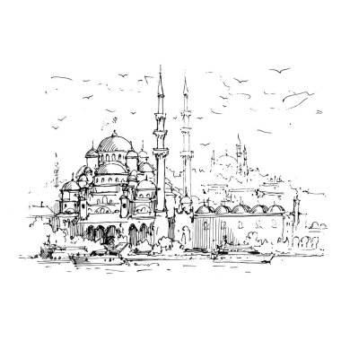 Caddenin çizimi. Eski şehir caddesi çizim tarzıyla çizilmiş. Vektör çizimi. Beyaz arkaplanda siyah beyaz şehir manzarası