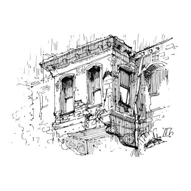 Caddenin çizimi. Eski şehir caddesi çizim tarzıyla çizilmiş. Vektör çizimi. Beyaz arkaplanda siyah beyaz şehir manzarası