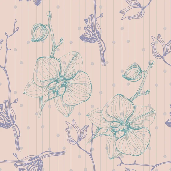 Vector Dibujado Mano Patrón Sin Costura Con Rama Estilizada Orquídea — Archivo Imágenes Vectoriales