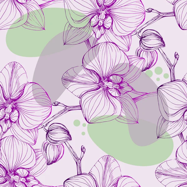 Modello Senza Cuciture Disegnato Mano Vettoriale Con Ramo Orchidea Stilizzato — Vettoriale Stock