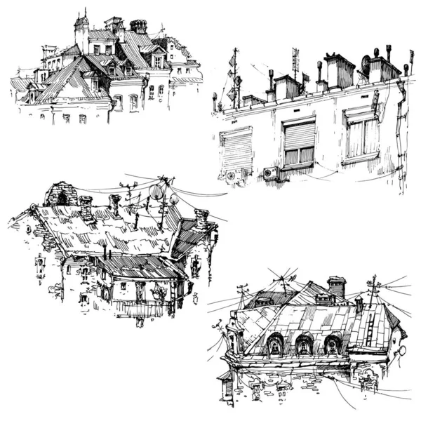 街上的素描 旧城区街道手绘素描风格 矢量图解 白色背景下的黑白城市景观 — 图库矢量图片