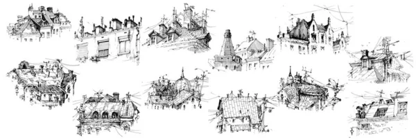 手绘素描 古代线条艺术建筑的图解 — 图库矢量图片