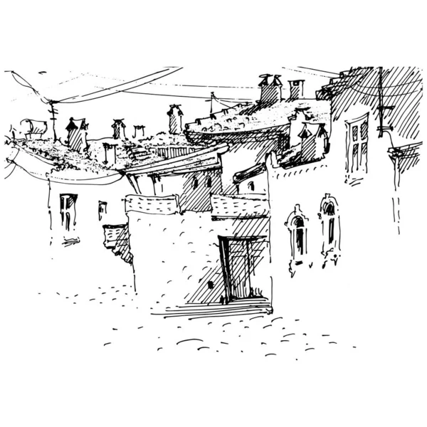 Caddenin Çizimi Eski Şehir Caddesi Çizim Tarzıyla Çizilmiş Vektör Çizimi — Stok Vektör