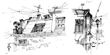 Eski bir klasik sanat mimarisinin el çizimi çizimi tasviri.