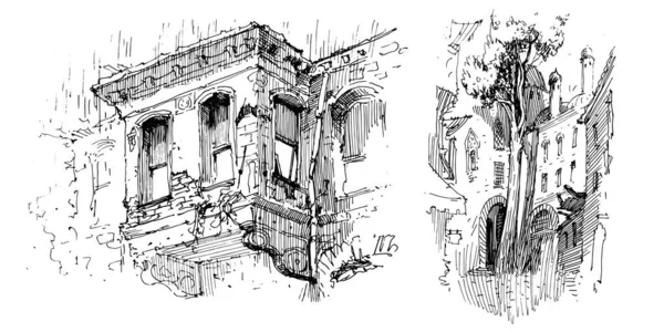 Ručně Kreslený Náčrt Styl Ilustrace Staré Vinobraní Čáry Výtvarné Architektury — Stockový vektor