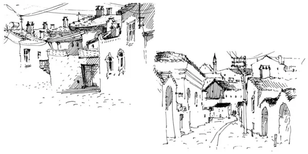 Ručně Kreslený Náčrt Styl Ilustrace Staré Vinobraní Čáry Výtvarné Architektury — Stockový vektor