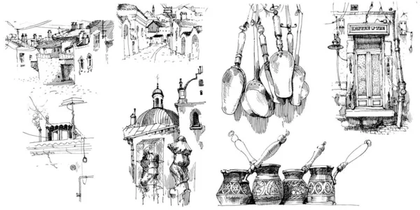 Desenho Mão Ilustração Estilo Esboço Uma Antiga Arquitetura Arte Linha —  Vetores de Stock