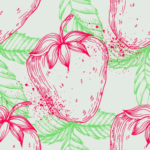 成熟的草莓 草莓小叶 花和叶子在白色的背景上 向量斑斑的手绘插图 — 图库矢量图片
