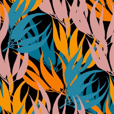 Okaliptüs dikişsiz desen. Çiçekli botanik çiçeği. Kumaş, baskı, kapak, bayrak, davetiye, ambalaj, duvar sanatı için mükemmel bir çiçek arkaplanı.