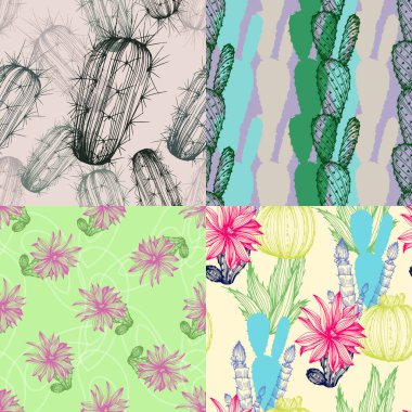Farklı kaktüslü, pürüzsüz bir şekil. Yeşil kaktüsle tekrarlanan parlak doku. Kumaş, kağıt ve diğer baskı ve web projeleri için çöl bitkileriyle doğal el çizimi.