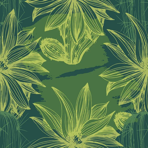 異なるサボテンとベクトルシームレスパターン 鮮やかな緑色のサボテンと繰り返し食感 ファブリック 紙や他の印刷やWebプロジェクトのための砂漠の植物と自然手描きの背景 — ストックベクタ