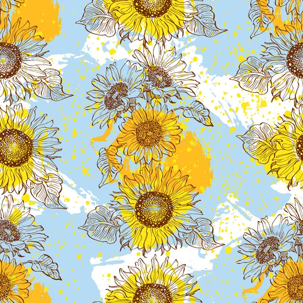 Stock vector Seamless pattern with yellow flowers. Sunflower seamless patterns. Vector line yellow flowers texture background. Illustration floral spring