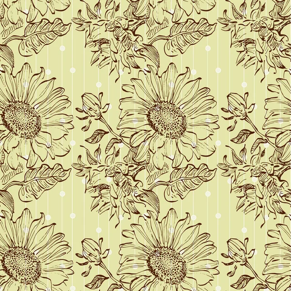 黄色の花とシームレスなパターン ひまわりのシームレスなパターン ベクトルライン黄色の花のテクスチャの背景 イラスト花の春 — ストックベクタ