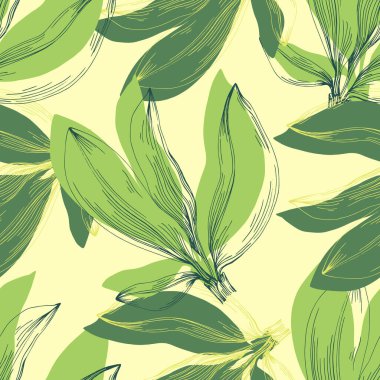 Elle çizilmiş kokokoba dalları ve arka planda yaprakları olan vektör pürüzsüz desen. Baskı, kumaş, duvar kağıdı, kart, davetiye, kozmetik ürünler paketi için zarif tasarım